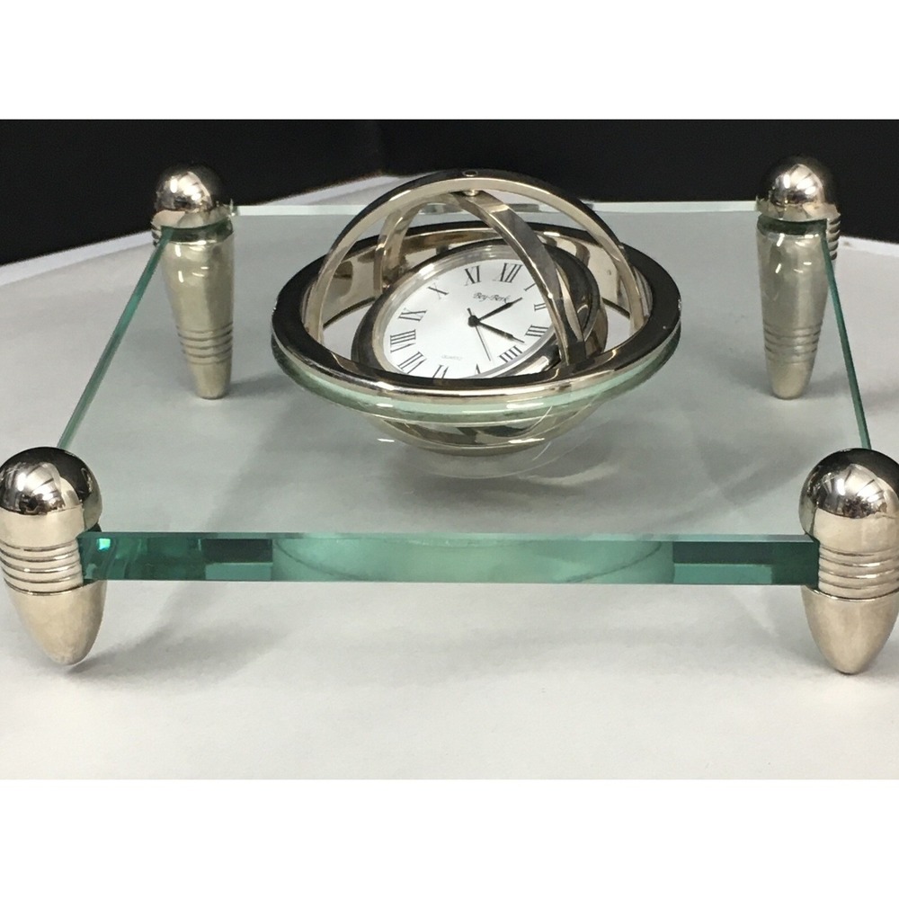 Vintage Bey-Berk Quartz Heavy Glass and Silver Desk Gyroscope Clock